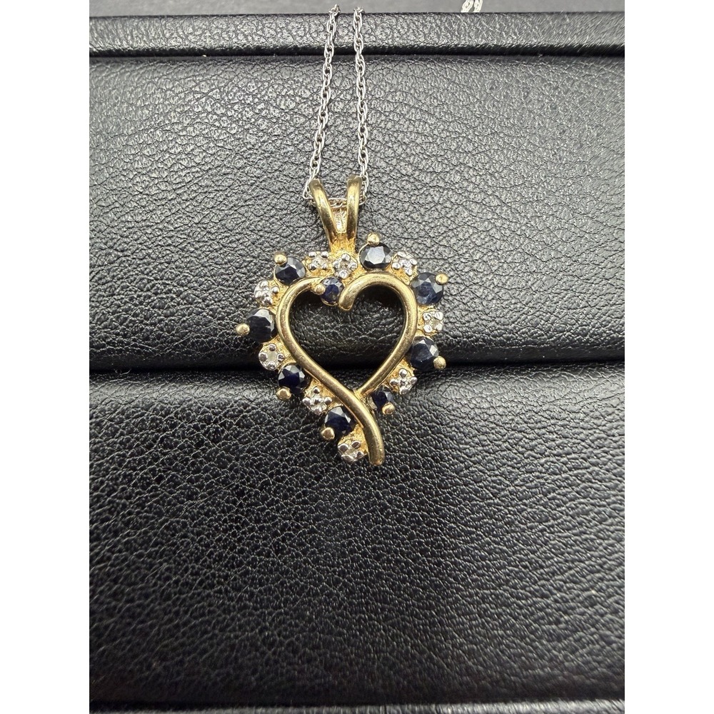 Vintage Gold Sterling Silver 18" Sapphire Diamond Pendant Necklace J9